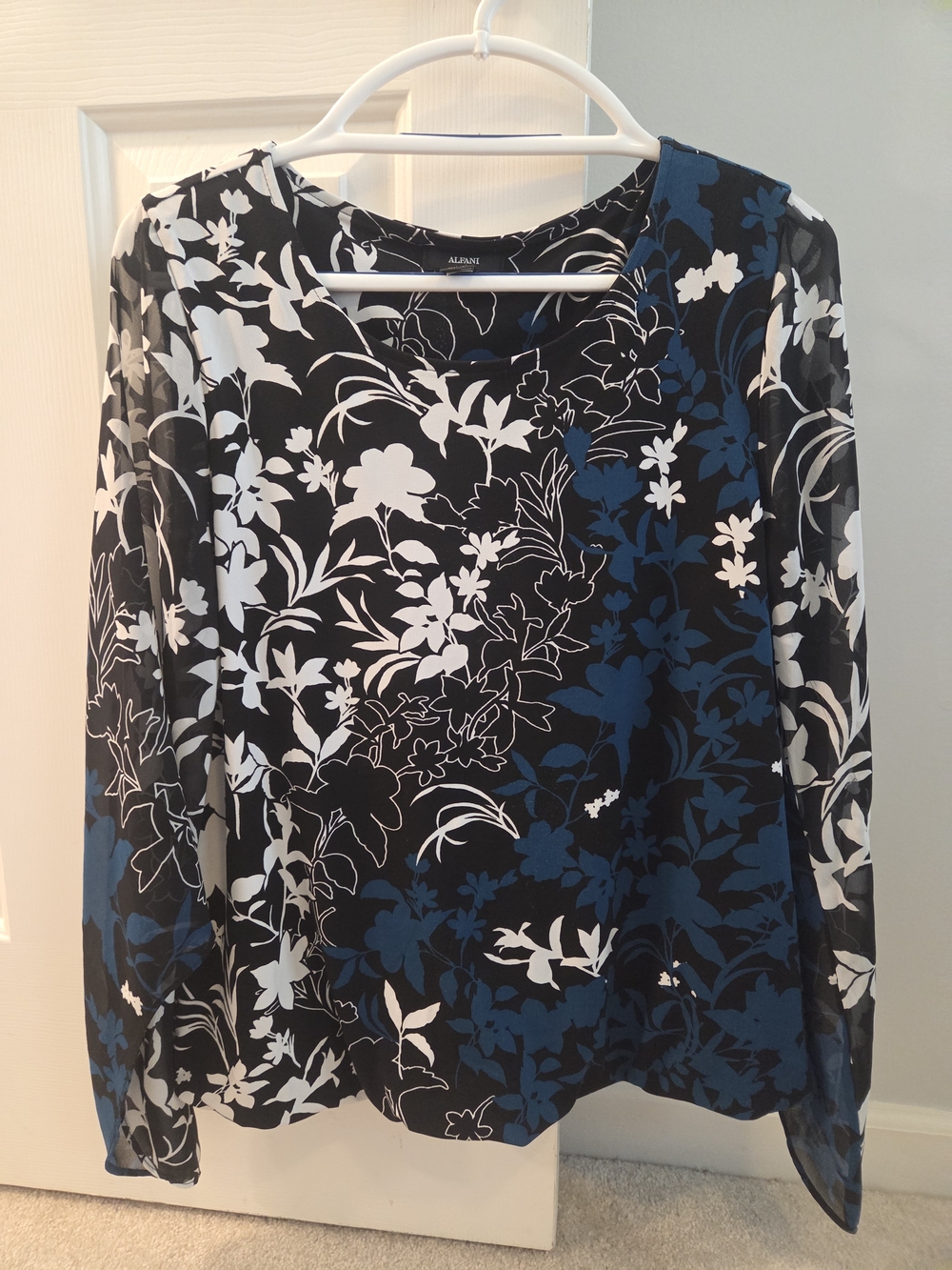 Alfani Black White and Blue Floral Long-Sleeve Blouse
